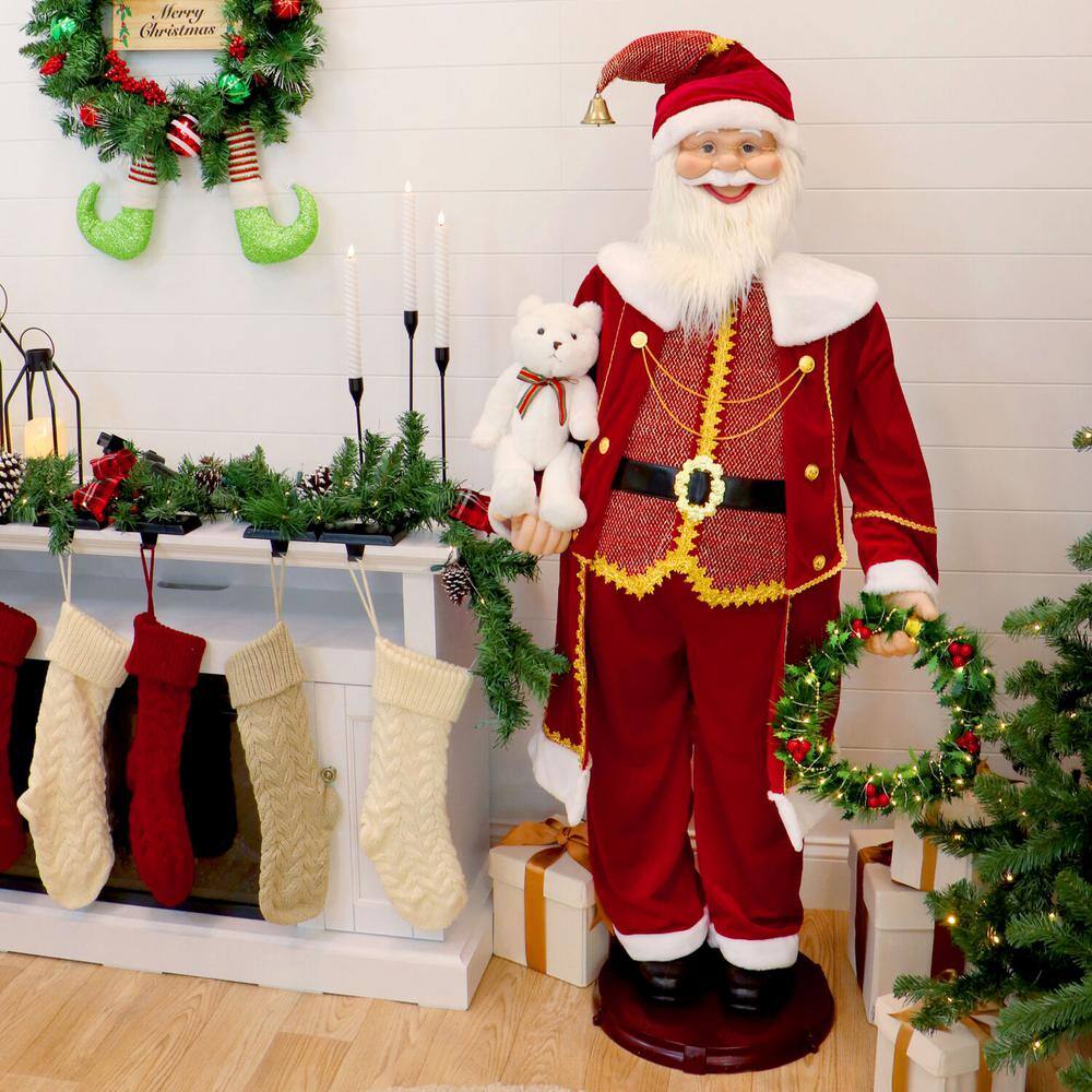 58" Red Velvet Dancing Santa with Bear and Wreath