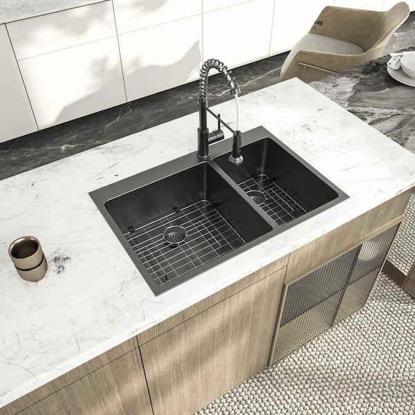 33 in. Drop in. Kitchen Sink Double Bowl 60/40 16-Gauge Black Stainless Steel Kitchen Sink