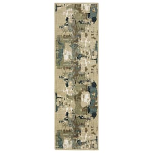 Ross Beige/Multi 2 ft. x 8 ft. Abstract Distressed Polypropylene/Polyester Fringed Indoor Runner Area Rug