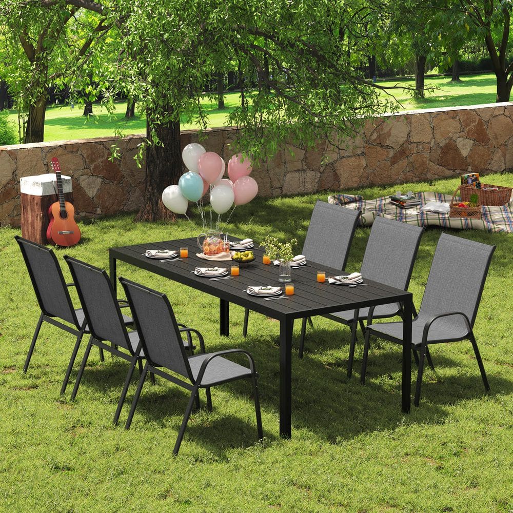 7-Piece Metal Outdoor Dining Set with 6 Textilene Stackable Chairs and Rectangular Table, Patio Dining Table Set for 6 price history on PriceWatchPro