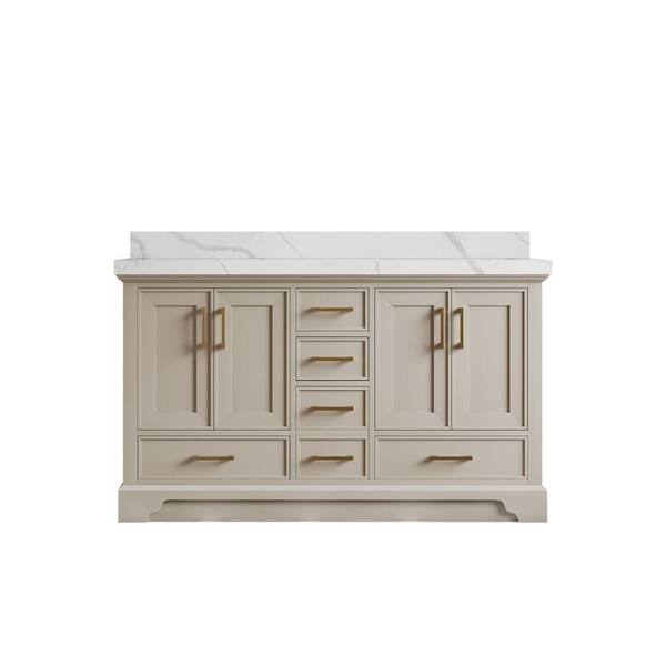 Willow Collections Charlotte 60 in. Double Sink Freestanding Fine Grain Bath Vanity with Calacatta Laza Qt. Top Unassembled