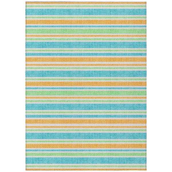 Teal Blue, Yellow, Green 9 ft. x 12 ft. Woven Striped Polyester Rectangle Indoor / Outdoor Area Rug