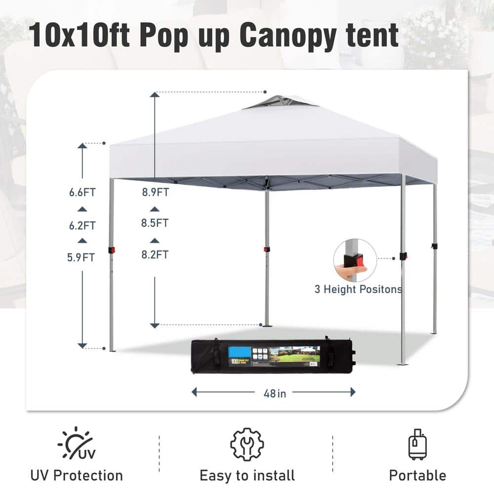 White 10x10 Adjustable Height Pop-Up Canopy Tent with Wheeled Bag