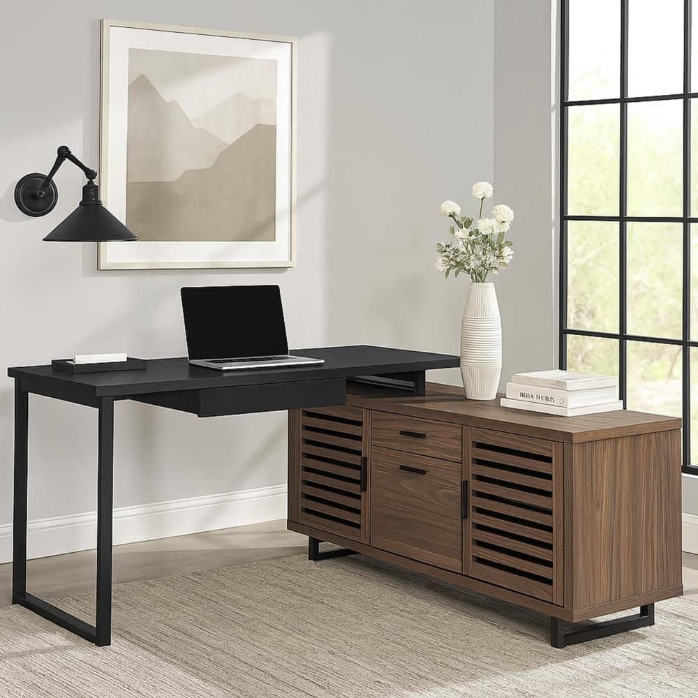 Benjara Doxx 60 in. L-Shaped Black Metal and Walnut Wood 3-Drawer