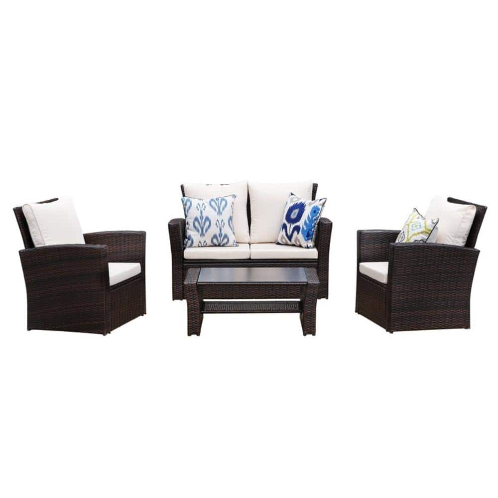 4-Pieces Wicker Patio Conversation Set with Cushions, Modern Sofa Couches F