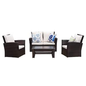 4-Pieces Wicker Patio Conversation Set with Cushions, Modern Sofa Couches Furniture Set End Side Coffee Table, Brown