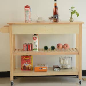 Natural Kitchen Island on 4-Wheels with 2-Drawers Rubber Wood Top
