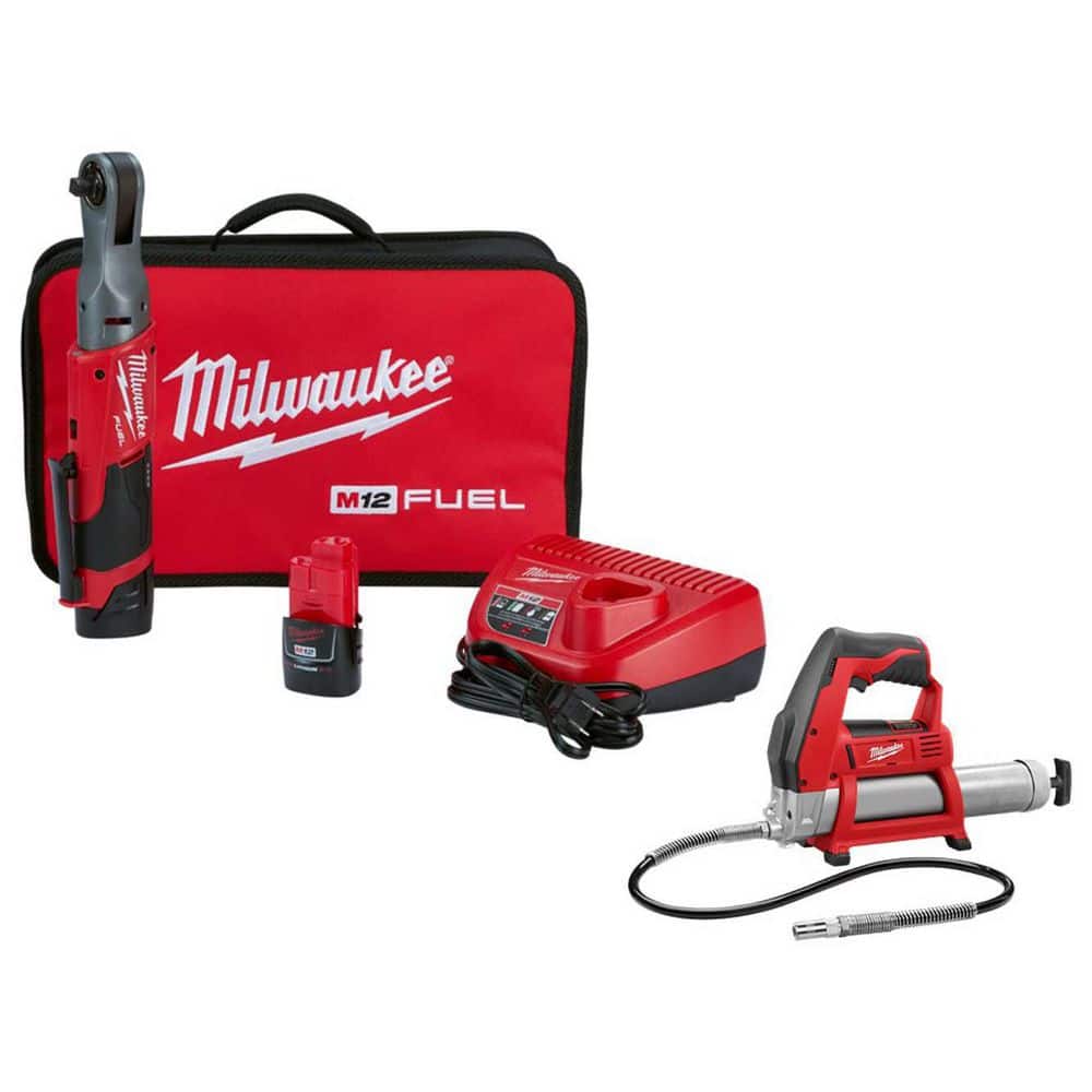 Milwaukee M12 FUEL 12V Lithium-Ion Brushless Cordless 3/8 in. Ratchet Kit W/M12 Grease Gun -  2557-22-2446