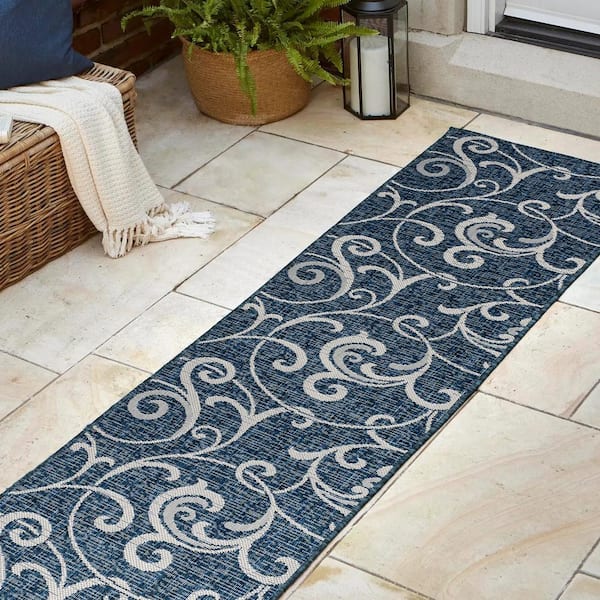 JONATHAN Y Maribel Navy/Cream 2 ft. x 8 ft. Traditional Classic All-Over Scroll Indoor/Outdoor Runner Rug