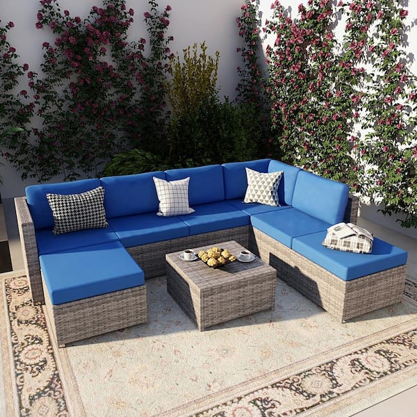 Uixe UIXE B2 Gray Wicker Outdoor Sectional Set with Blue Cushions