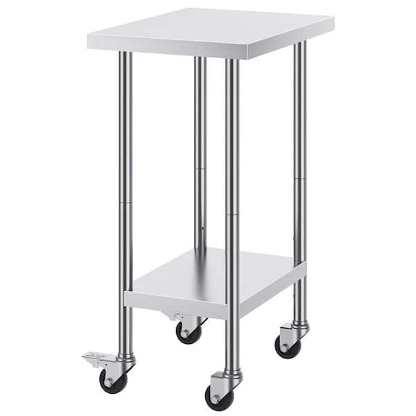 24 x 18 x 38 in. Stainless Steel Work Table with 4 Wheels, 3 Adjustable Heights, Silver Kitchen Prep Table