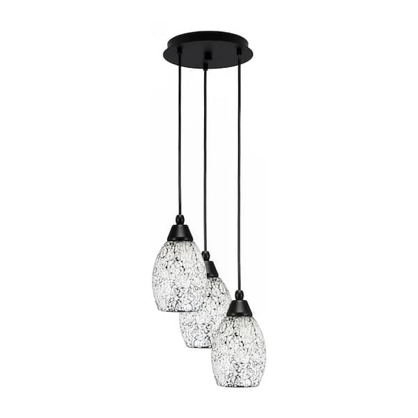 Unbranded Savannah 10 in. 3-Light Matte Black Cord Pendant Light Black Fusion Glass Shade