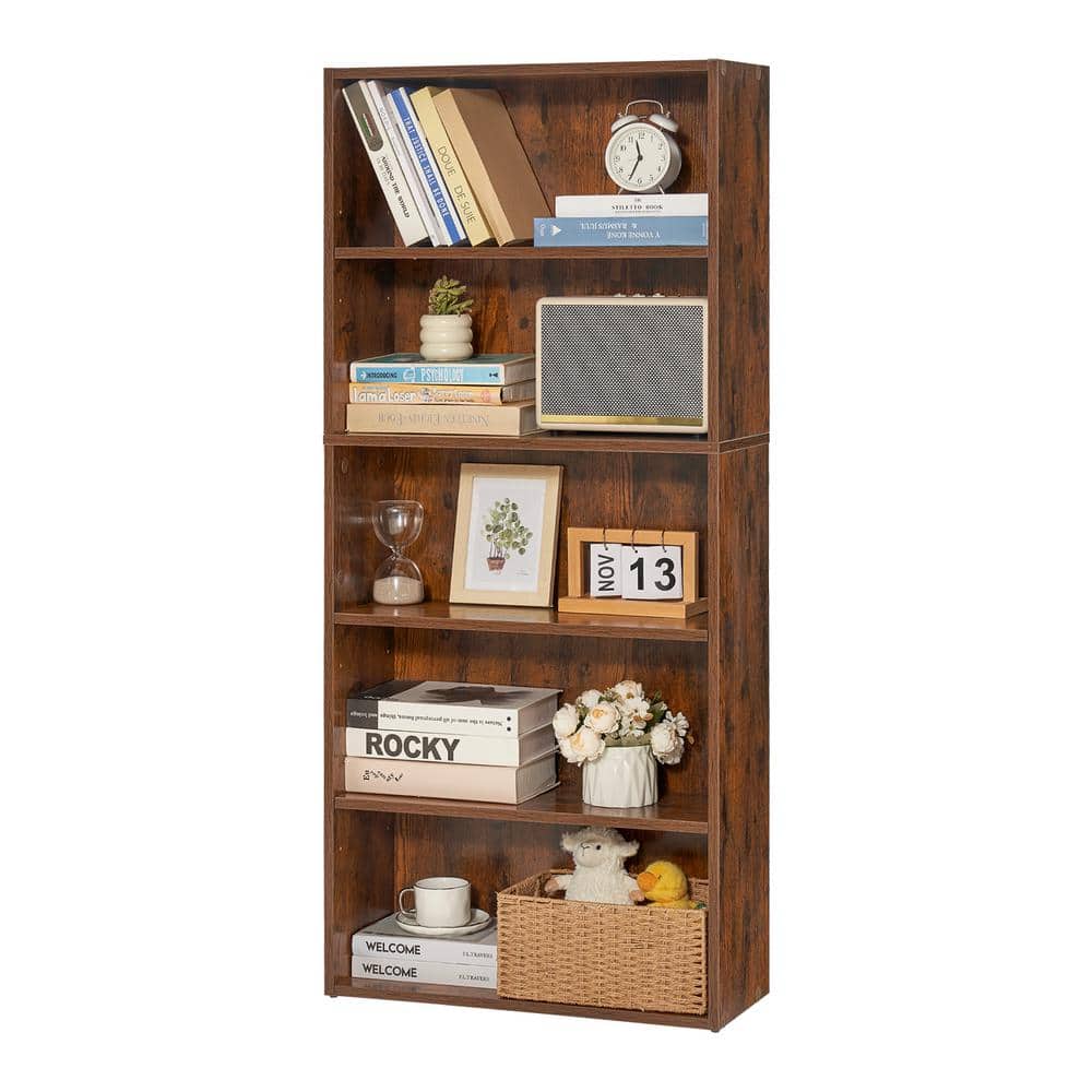 Brown Painted 5-Tier Adjustable Wood Library Bookcase