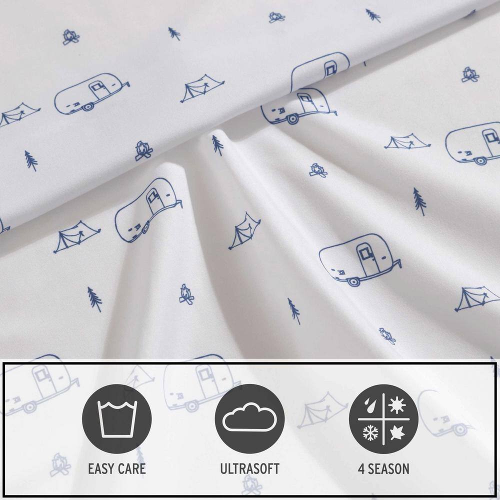 Queen Size White and Blue Polyester Microfiber Bedding Set