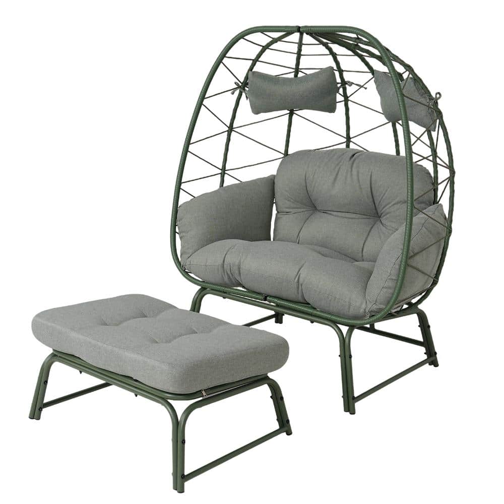 2 Person Dark Green Frame UV Resistant Double Wicker Outdoor Patio Egg Chair with Ottoman and Grey Cushions price history on PriceWatchPro