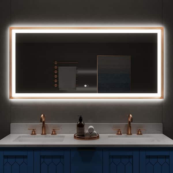 60 in. W x 28 in. H Rectangular Framed Slope Dimmable Backlit Front LED Bathroom Vanity Mirror w/ Light in Brushed Gold