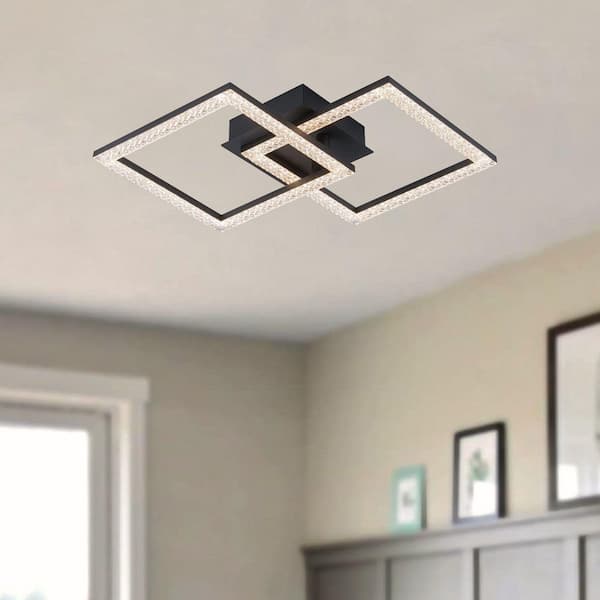 HUOKU Lumin Integrated LED 20 in.W Black Geometric Flush Mount Ceiling Light with Acrylic Crystal for Living Room Bathroom