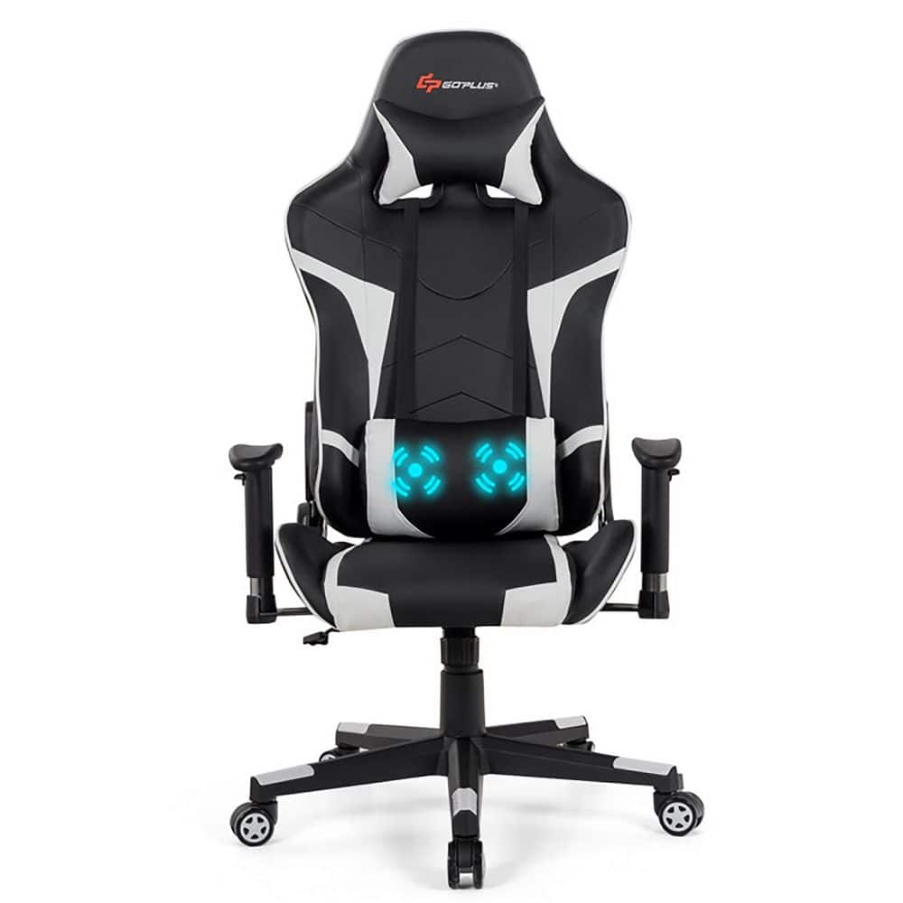 White Faux Leather Ergonomic Reclining Swivel Massage Gaming Computer Chair