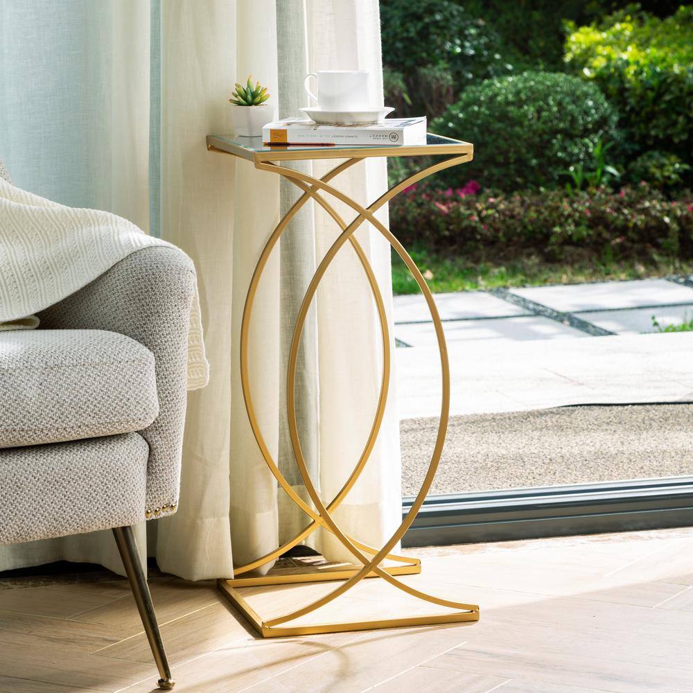 Gold Metal and Glass Square Nesting Tables, Set of 2