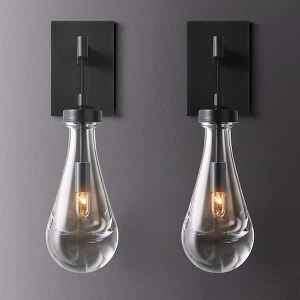 17.7 in. H 1-Light Black Wall Sconce, Raindrop Wall Lighting with Hand Blown Solid Glass and Brass Base (2-Sets)