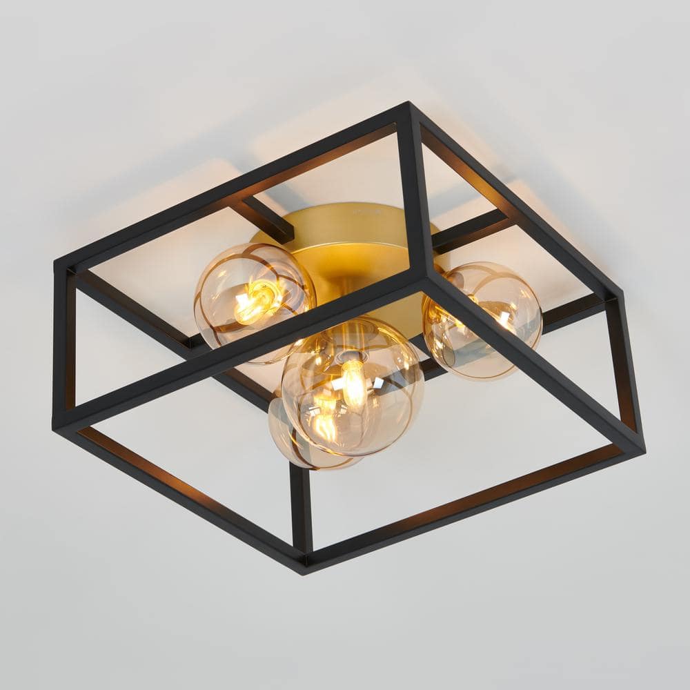 Modern Matte Black and Gold 14" Square LED Flush Mount Ceiling Light