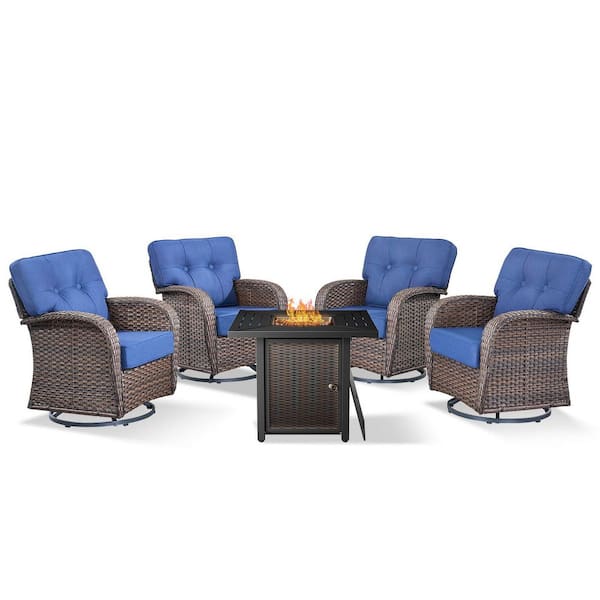 Tidalis Brown 5-Piece Wicker Outdoor Conversation Patio Fire Pit Set with 5 in. Blue Cushions and Swivel Glider Set