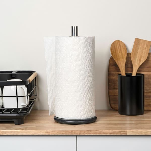 Avery Modern Classic Metal with Non Slip Weighted Marble Base Paper Towel Holder, Black/Chrome