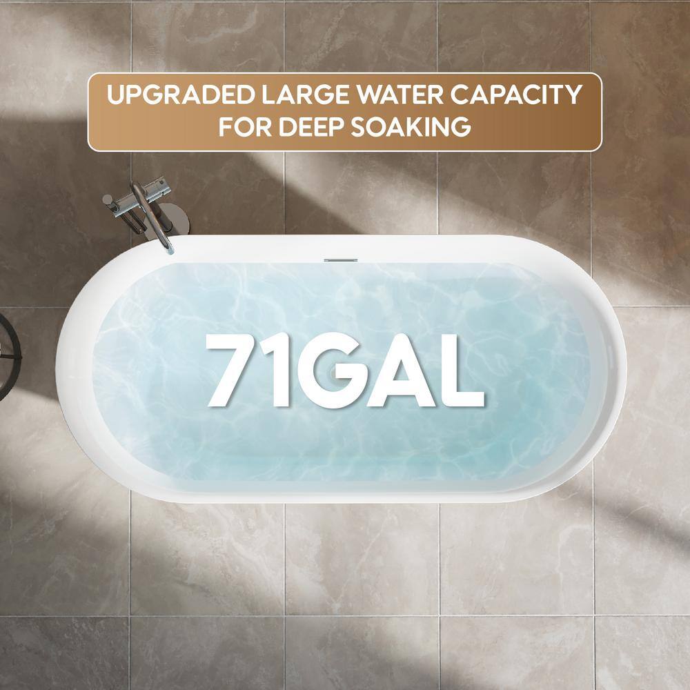 67-Inch Glossy White Acrylic Freestanding Soaking Bathtub with Chrome Drain