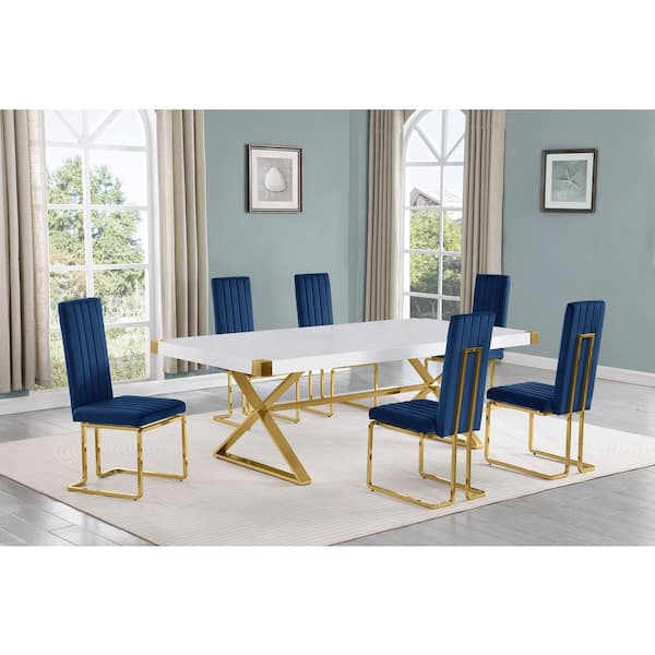 Best Quality Furniture Miguel 7-Piece Rectangle White Wood Top Gold Stainless Steel Dining Set with 6 Navy Blue Velvet Chairs