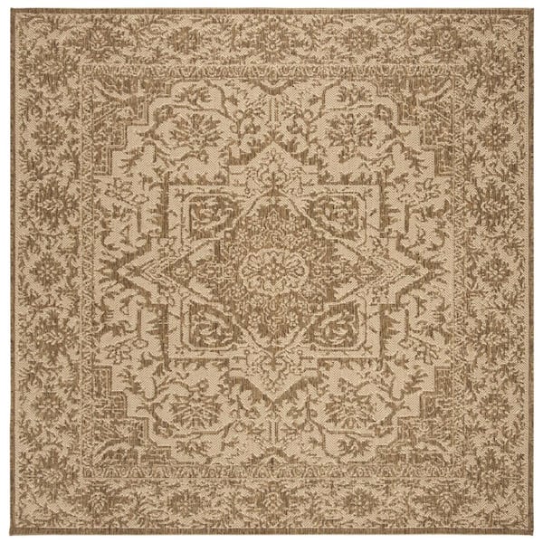 Linden Cream/Beige 4 ft. x 4 ft. Floral Medallion Border Indoor/Outdoor Square Area Rug