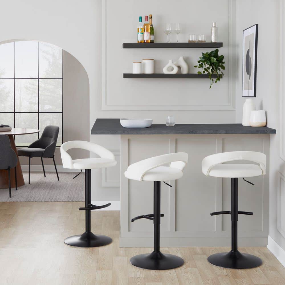 Grotto Upholstered 39.5 in. White Velvet and Black Metal Adjustable Bar Stool with Rounded T-Footrest (Set of 3)