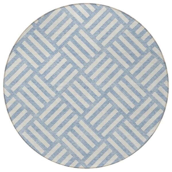 Sky Blue, Ivory 8 ft. Round Woven Geometric Polyester Round Indoor/Outdoor Area Rug