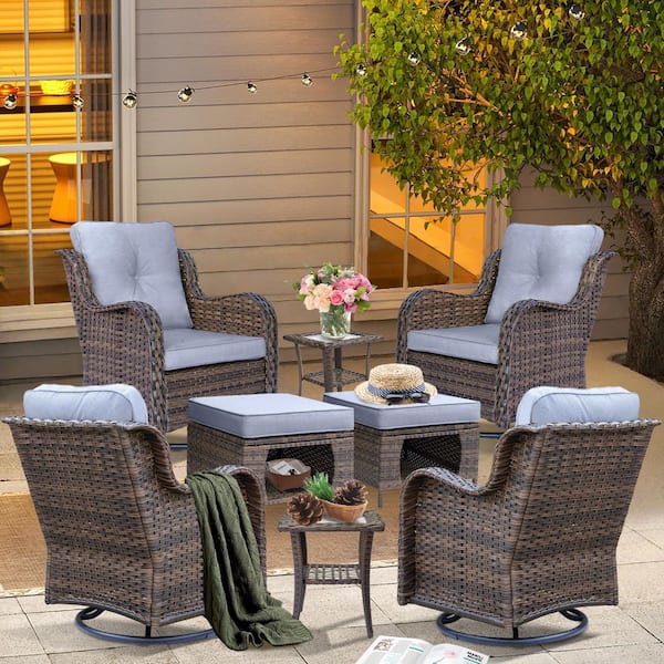 Brown 8-Piece Wicker Patio Conversation Set Swivel Rocking Chairs Patio Ottomans with Gray Cushions