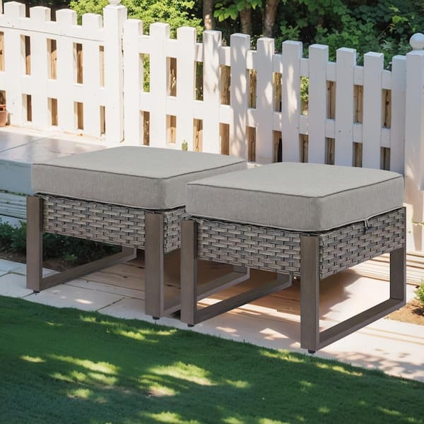 Rectangular Framed 2-Pack Wicker Outdoor Ottoman Steel Frame Footstool with Removable Gray Cushions