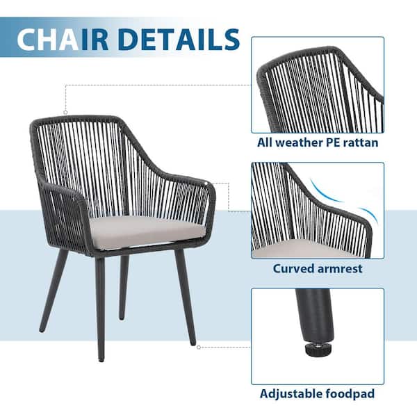 Freestyle 5-Piece Wicker Black Outdoor Dining Chair Set with Dining Table, Light Grey Cushions HD-WK08BK09BK