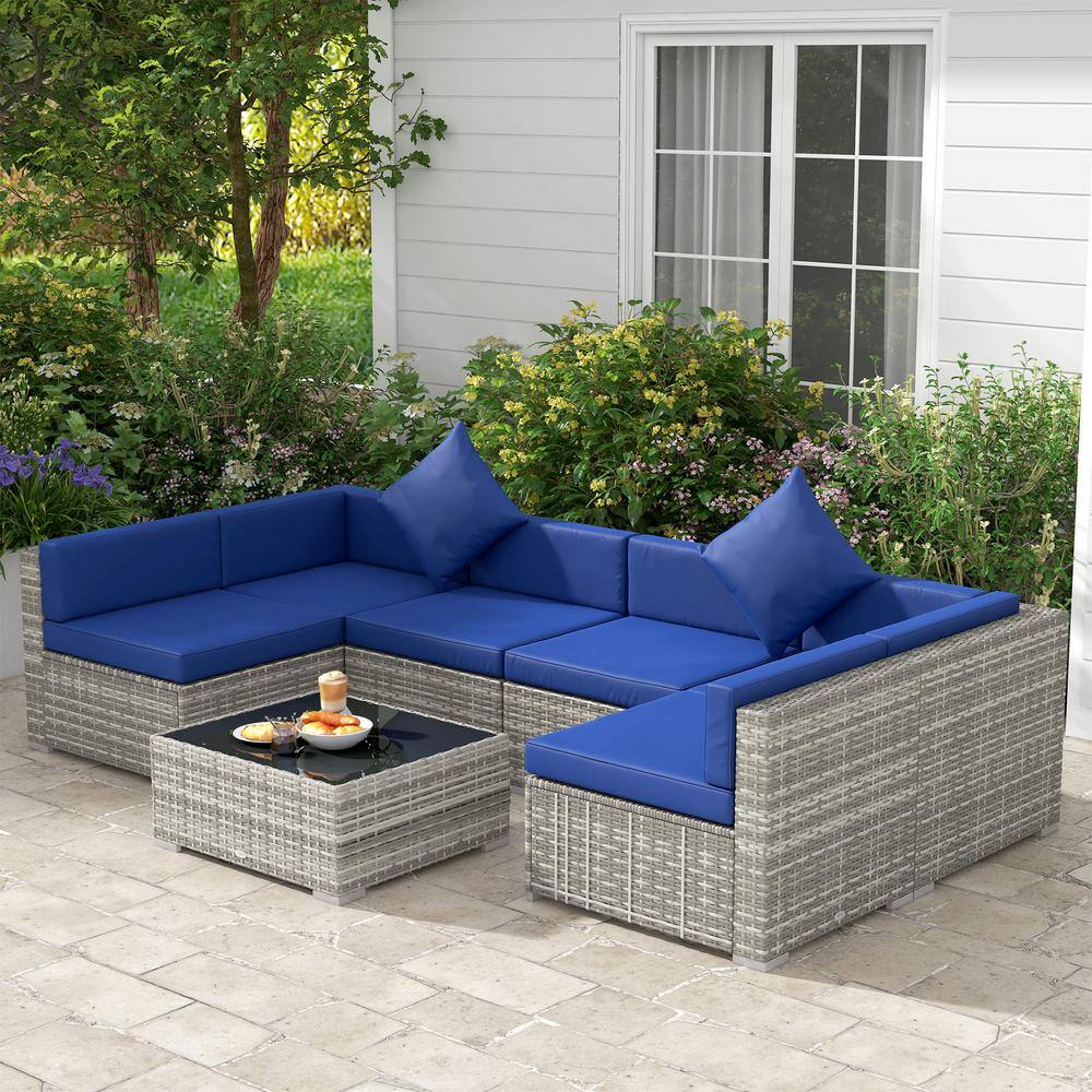 Mixed Gray and Blue PE Rattan Wicker 7-Piece Sectional Sofa Set