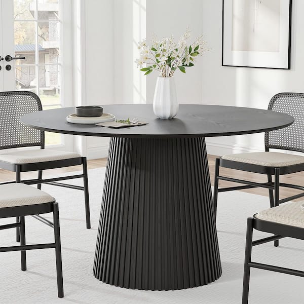 Modern Round Teak Wood Top Black Wood Color 46 in. Column Pedestal Base Dining Table Seats 4
