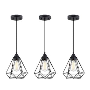 Industrial 3-Light Black Geometric Chandelier with Metal Cage Shade (3-Pack)