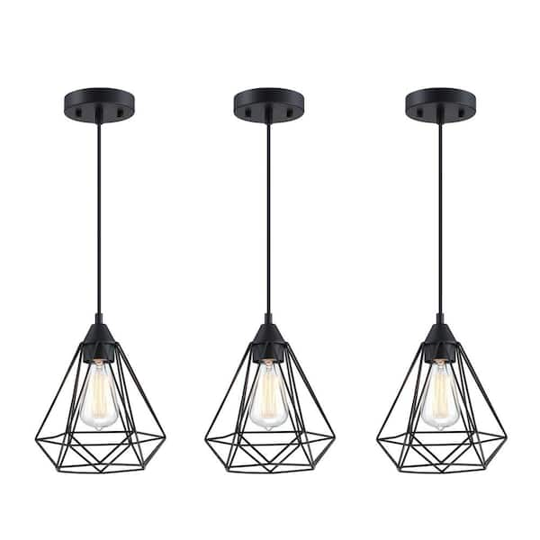 PUDO Industrial 3-Light Black Geometric Chandelier with Metal Cage ...