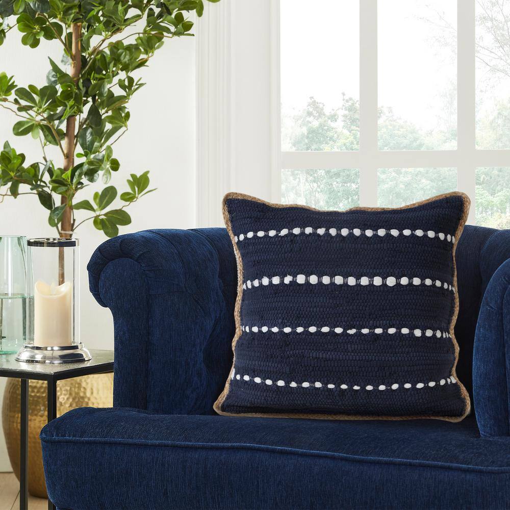 Navy and White Striped Cotton Jute Square Throw Pillow