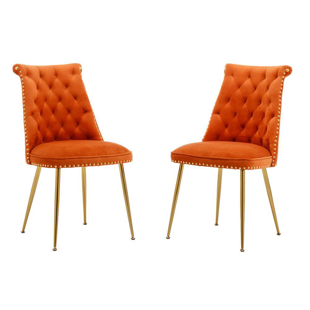 Orange Velvet Upholstered Side Chair with Gold Metal Legs