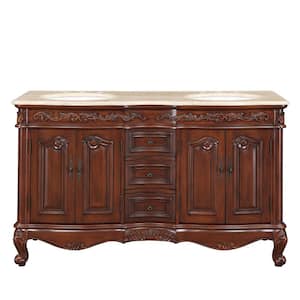 58 in. W x 22 in. D Vanity in English Chestnut with Travertine Stone Vanity Top with White Basin