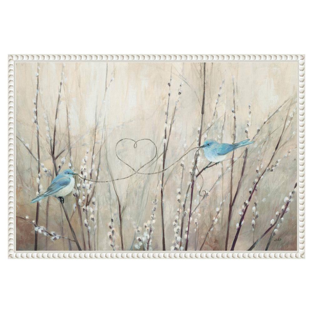 23"x16" Pretty Birds Neutral String Canvas Wall Art with White Beaded Frame