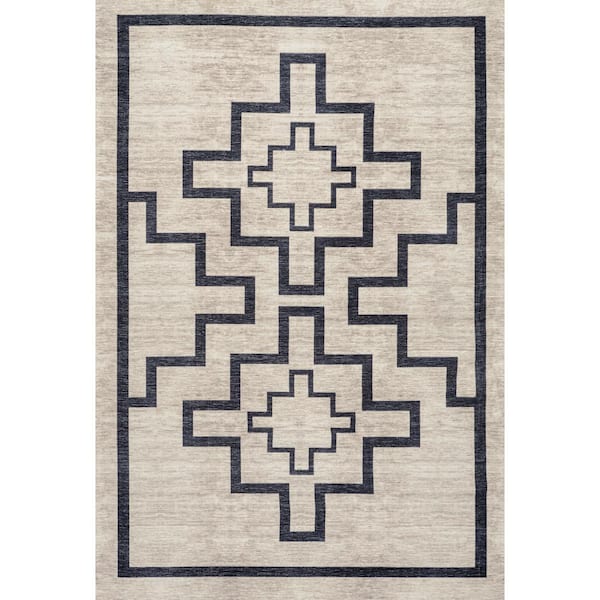 Ashkii Minimalist Medallion Machine-Washable Ivory/Black 9 ft. x 12 ft. Area Rug