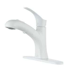 Single Handle Single Hole Bathroom Faucet with Pull-Out Sprayer head, Deckplate Included in Stainless steel Matte White
