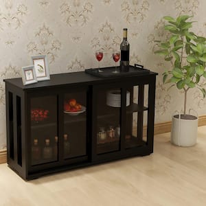 Modern Black Wood Kitchen Storage Cabinet with Glass Door, Sliding Door and Adjustable Shelf