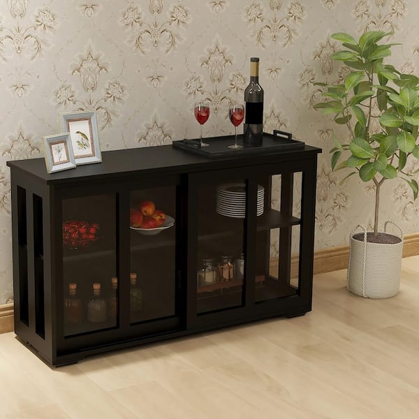 URTR Modern Black Wood Kitchen Storage Cabinet with Glass Door, Sliding Door and Adjustable Shelf