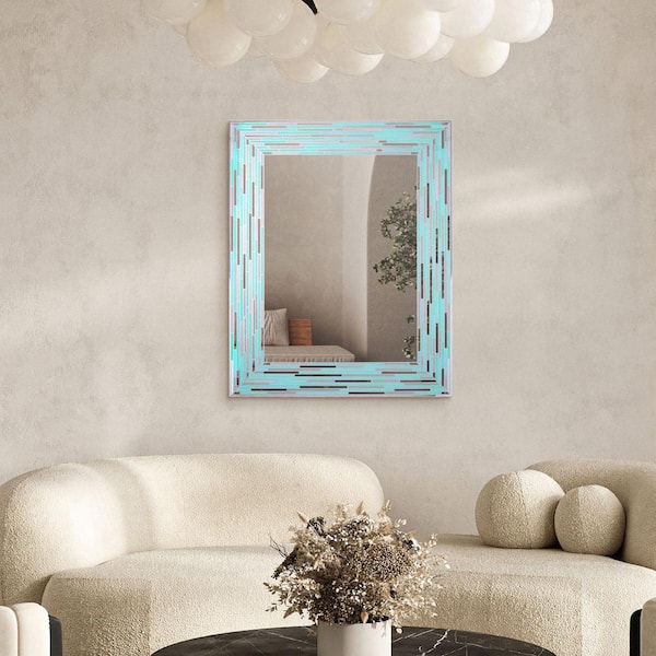 Deco Mirror 24 in. W x 30 in. H Rectangular Frameless Mosaic Tile Print Reeded Sea Glass Wall Bathroom Vanity Mirror in Aqua