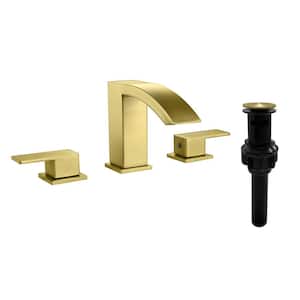 8 in. Widespread Double-Handle Bathroom Faucet with Pop Up Drain for 3-Holes Mount in Brushed Gold (1-Pack)