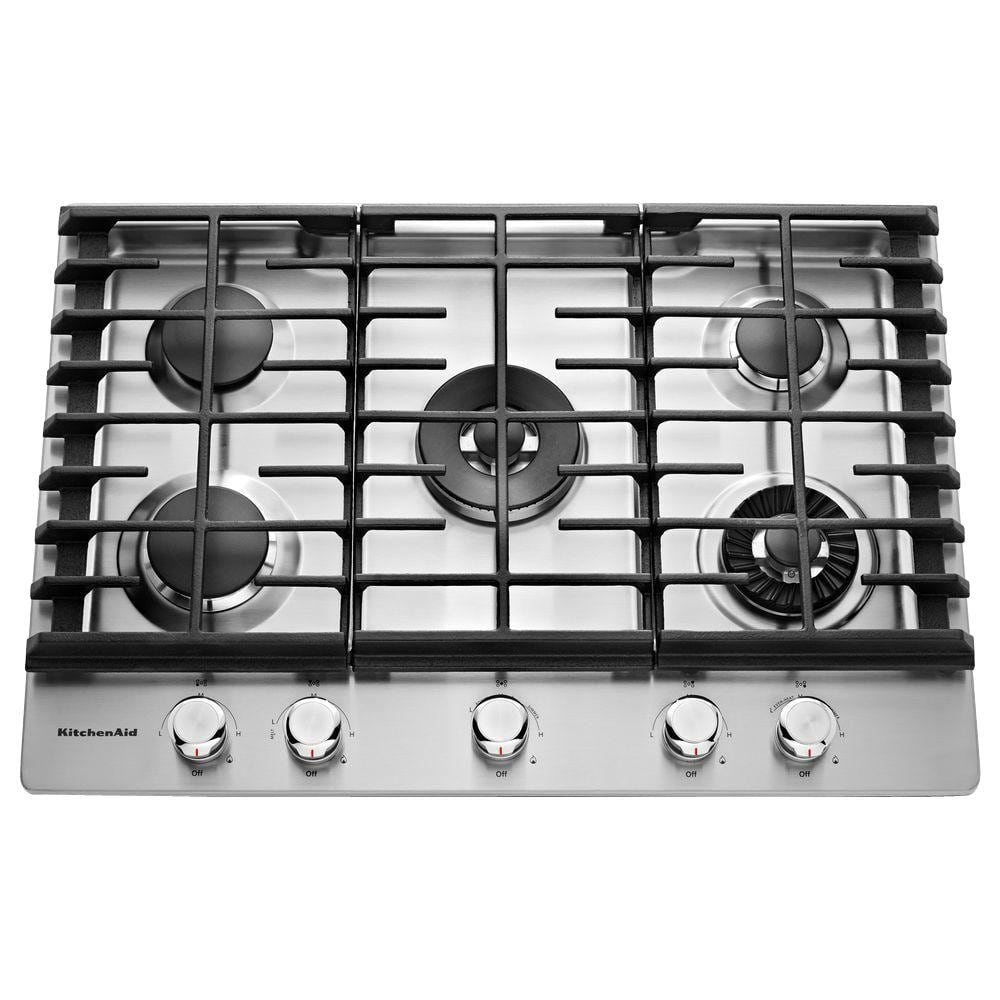 KitchenAid 30 in. Gas Cooktop in Stainless Steel with 5 Burners Including Professional Dual Tier, Torch and Simmer Burners, Silver